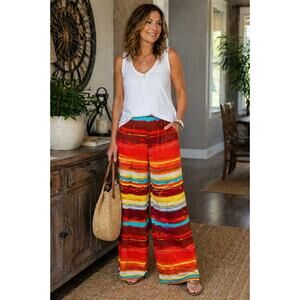 NY & Co Palazzo Pants L (32x33) Wide Leg Bold Striped Red Orange Boho Stretch